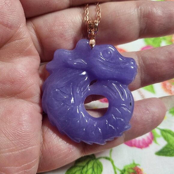 Purple Jade Carved Dragon Pendant Necklace in 14K Rose Gold/Sterling Silver - Picture 3 of 10